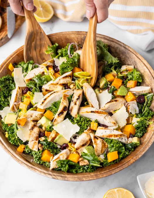 Brussels Sprout & Kale Harvest Salad with Grilled Chicken